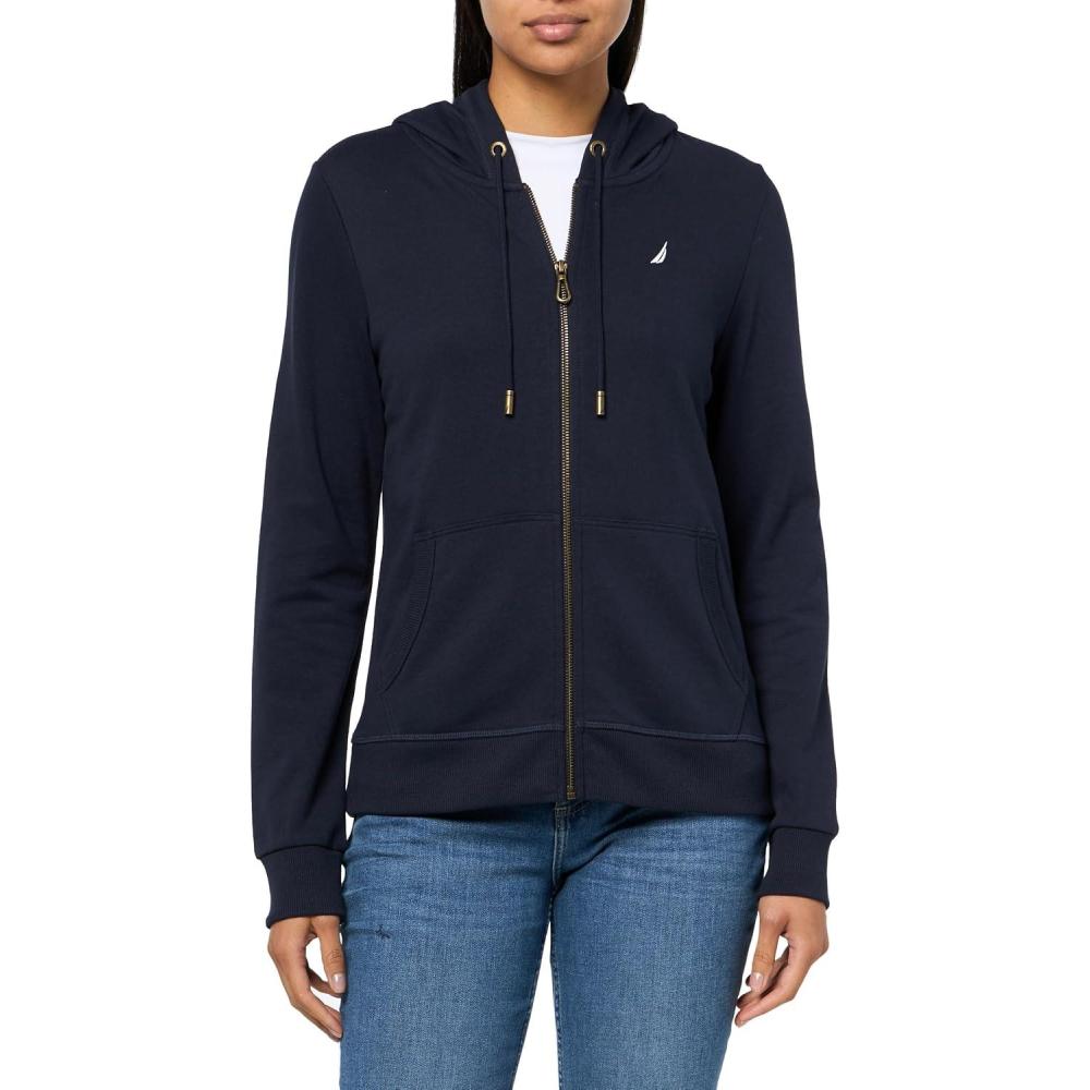 imageNautica Womens Solid Zipper Long Sleeve Hoodie SweatshirtNight Sky