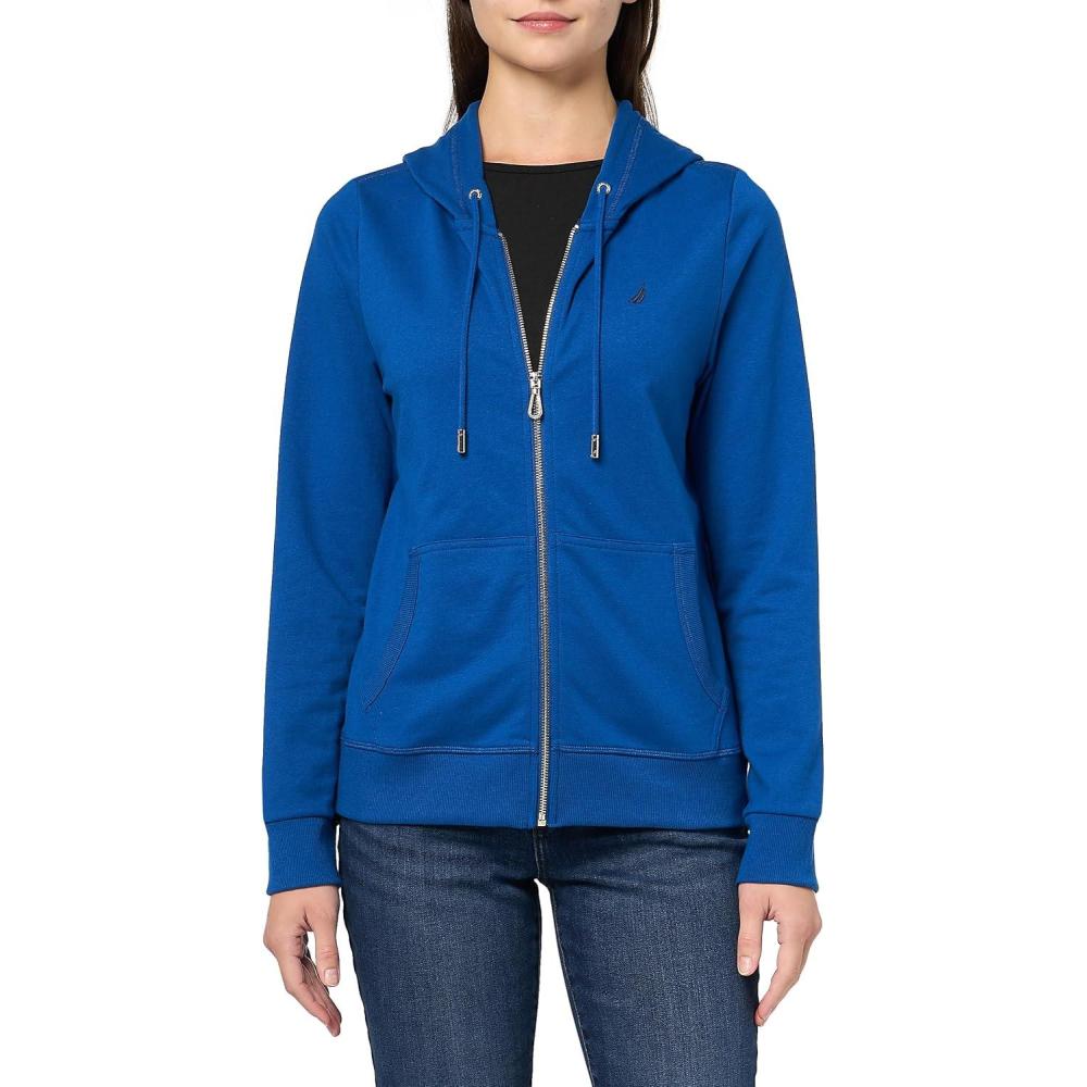 imageNautica Womens Solid Zipper Long Sleeve Hoodie SweatshirtTrue Blue