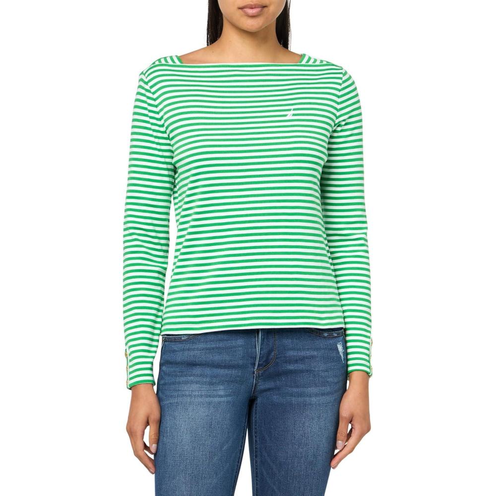 imageNautica Womens Square Neck Stripe Striped Long Sleeve ShirtFernBright White