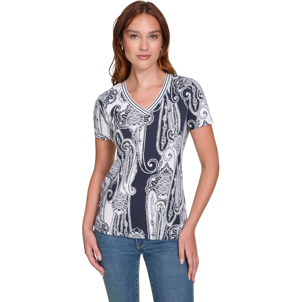 imageNautica Womens Stripe VNeck Short Sleeve TShirtNight SkyBright White