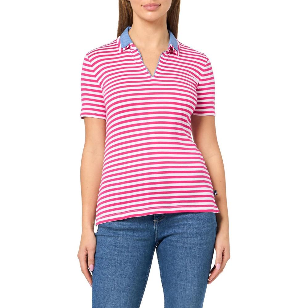 imageNautica Womens Striped Double Collar Knit Sleeve Johnny Collar Polo ShirtAster PinkBright White