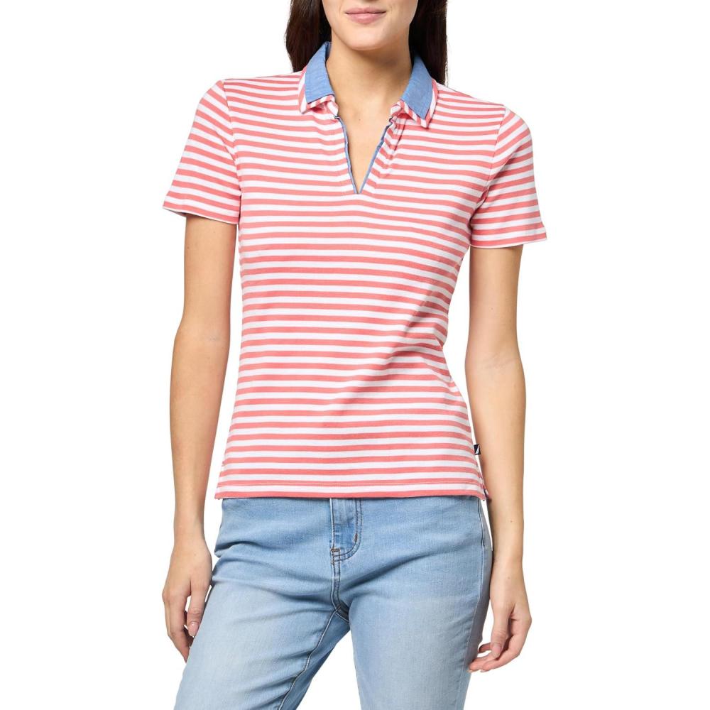 imageNautica Womens Striped Double Collar Knit Sleeve Johnny Collar Polo ShirtCoralieBright White