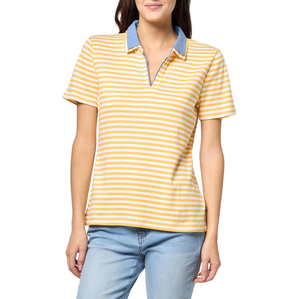 imageNautica Womens Striped Double Collar Knit Sleeve Johnny Collar Polo ShirtDeep MaizeBright White