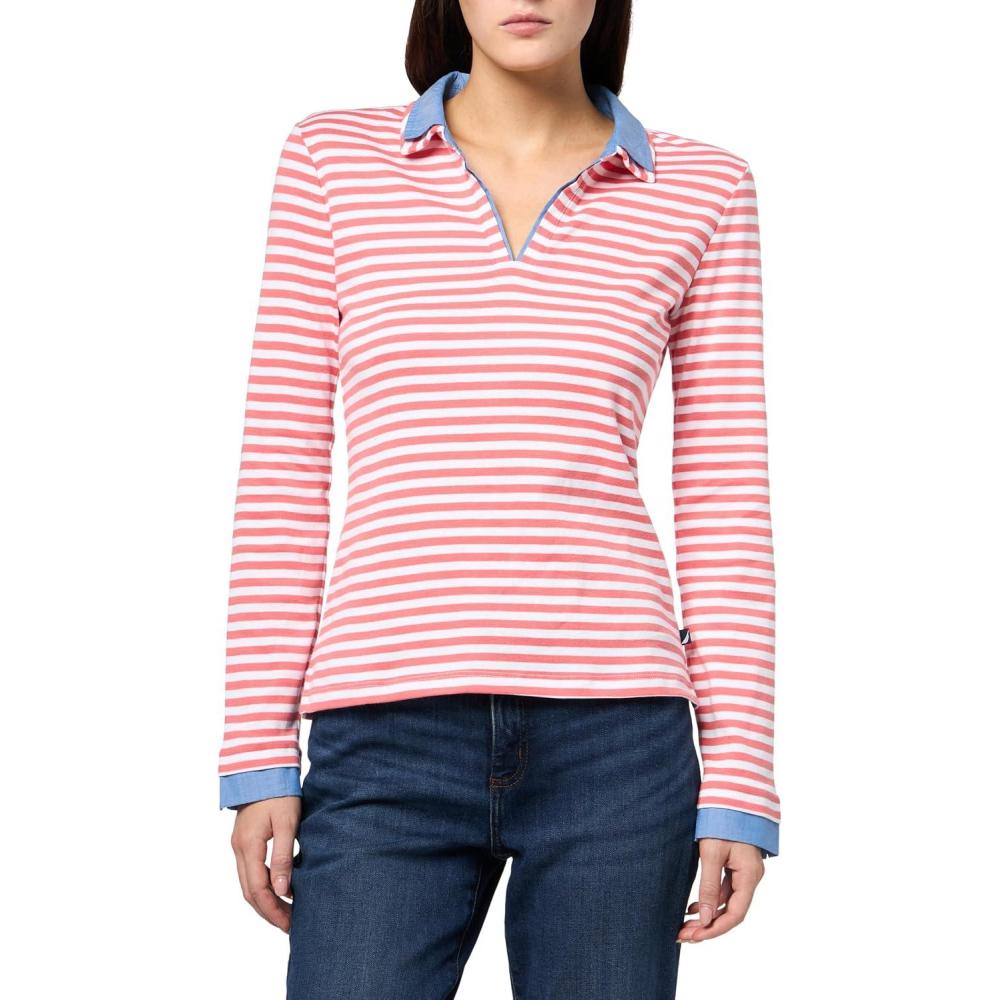 imageNautica Womens Striped Long Sleeve Knit Double Collar ShirtCoralieBright White