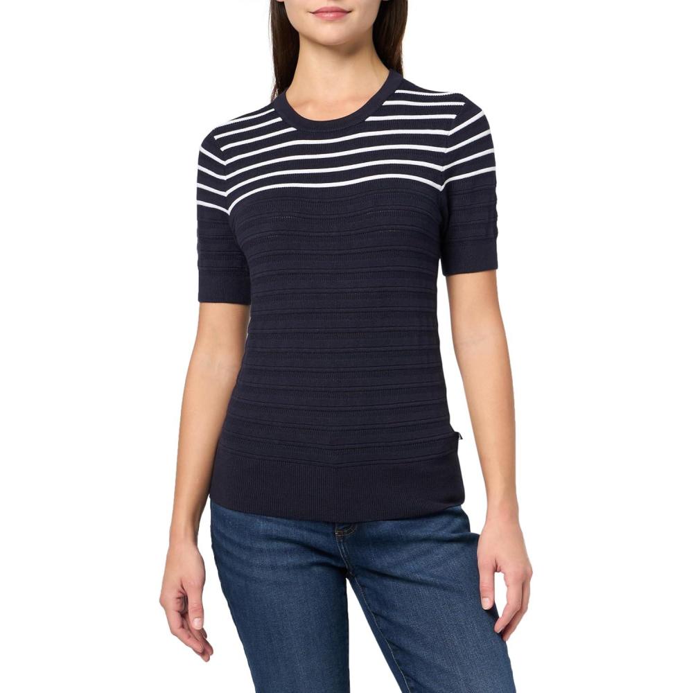 imageNautica Womens Striped Ribbed Knit Short Sleeve SweaterNight Sky Multi