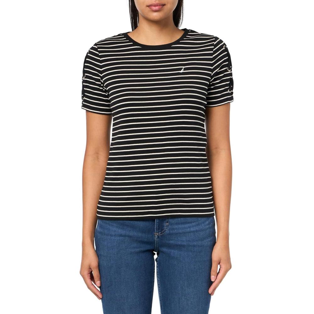 imageNautica Womens TShirt Cotton Crewneck with Laceup Sleeve DetailBlackWhite Swan