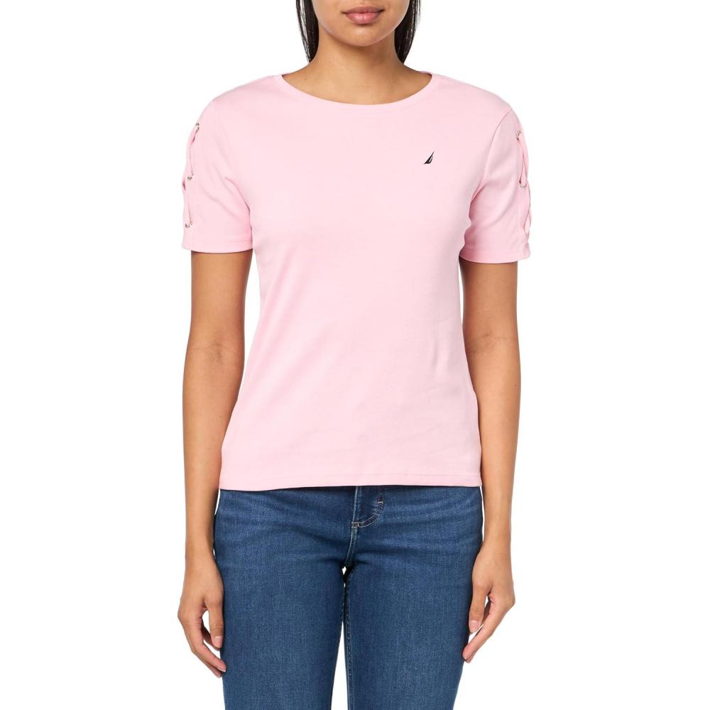 imageNautica Womens TShirt Cotton Crewneck with Laceup Sleeve DetailTaffy Pink