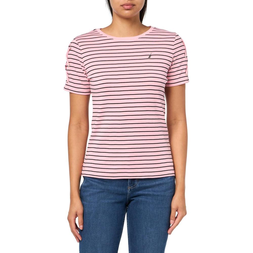 imageNautica Womens TShirt Cotton Crewneck with Laceup Sleeve DetailTaffy PinkBlack