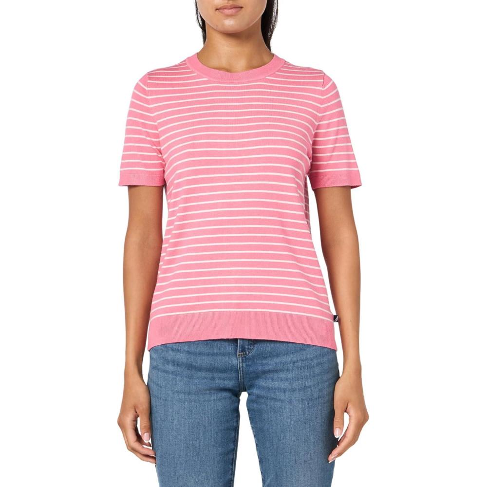 imageNautica Womens V Neck Stripe Short Sleeve SweaterPeony Ivory
