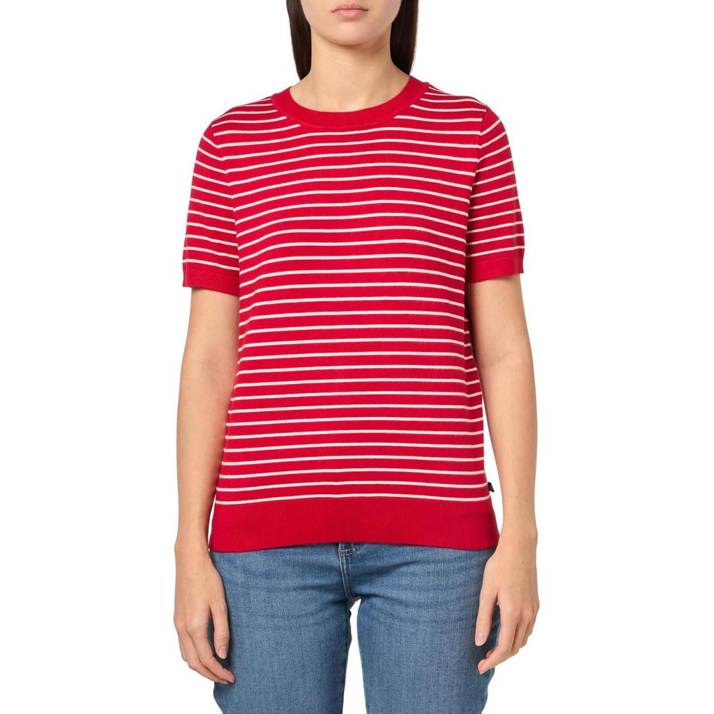 imageNautica Womens V Neck Stripe Short Sleeve SweaterScarlet Ivory