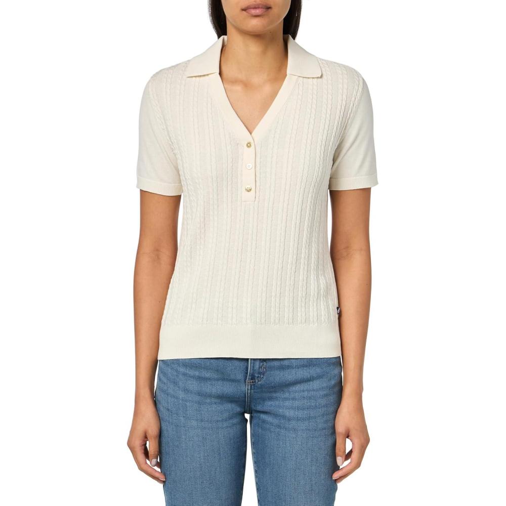 imageNautica Womens VNeck Cable Polo Long SleeveIvory
