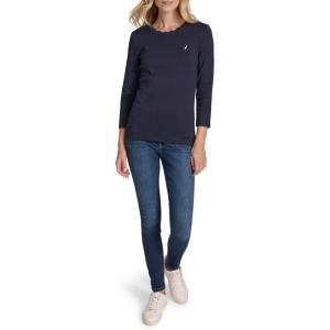 Nautica Women’s 3/4 Sleeve Length Cotton Solid Scalloped Knit Top(Night Sky)