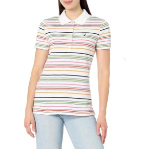 Nautica Women’s 5-Button Short Sleeve Breathable 100% Cotton Polo Shirt(Bright White Multi)