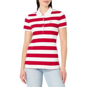 Nautica Women’s 5-Button Short Sleeve Breathable 100% Cotton Polo Shirt(Regatta Red/Bright White)