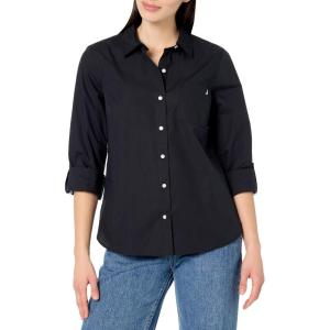 Nautica Women’s Button Front Long Sleeve Roll Tab Shirt(Black)