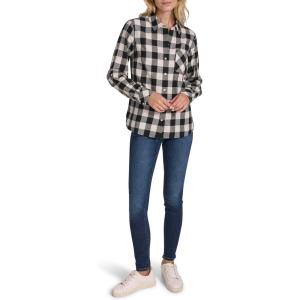 Nautica Women’s Button Front Long Sleeve Roll Tab Shirt(Black/White Swan)