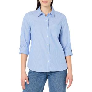 Nautica Women’s Button Front Long Sleeve Roll Tab Shirt(Blue/White)