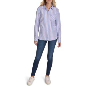 Nautica Women’s Button Front Long Sleeve Roll Tab Shirt(French Blue Multi)