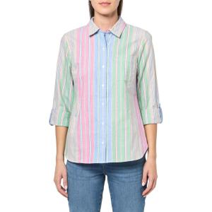 Nautica Women’s Button Front Long Sleeve Roll Tab Shirt(Green Multi)