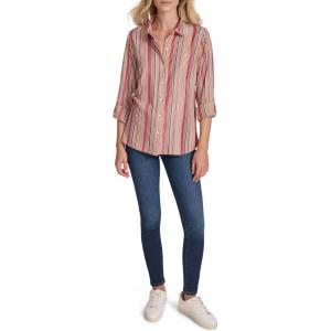 Nautica Women’s Button Front Long Sleeve Roll Tab Shirt(Haute Red Multi)