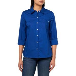 Nautica Women’s Button Front Long Sleeve Roll Tab Shirt(Marina Blue)