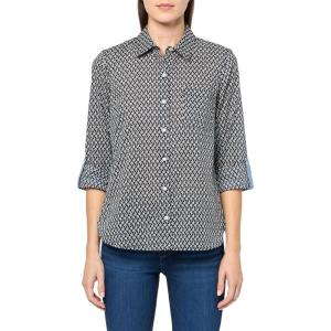 Nautica Women’s Button Front Long Sleeve Roll Tab Shirt(Night Sky Multi)