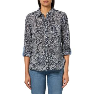 Nautica Women’s Button Front Long Sleeve Roll Tab Shirt(Night Sky/ White Cap)