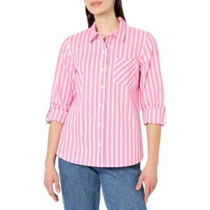 Nautica Women’s Button Front Long Sleeve Roll Tab Shirt(Sangria Sunset/Bright White)