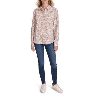 Nautica Women’s Button Front Long Sleeve Roll Tab Shirt(Tigers Eye/ Bright White)