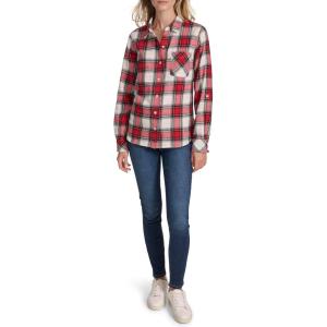Nautica Women’s Button Front Long Sleeve Roll Tab Shirt(White Swan/Haute Red)
