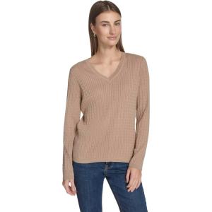 Nautica Women’s Long Sleeve Cable V-Neck Sweater(Camel)