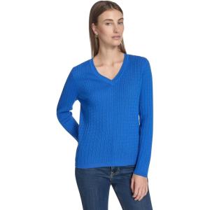 Nautica Women’s Long Sleeve Cable V-Neck Sweater(Cerulean)