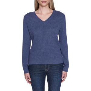 Nautica Women’s Long Sleeve Cable V-Neck Sweater(Denim Heather)