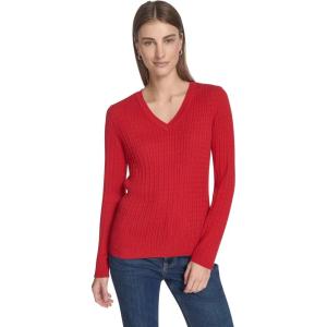 Nautica Women’s Long Sleeve Cable V-Neck Sweater(Haute Red)