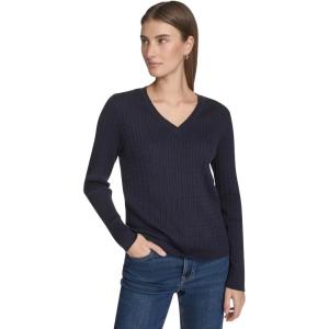 Nautica Women’s Long Sleeve Cable V-Neck Sweater(Night Sky)