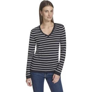 Nautica Women’s Long Sleeve Cable V-Neck Sweater(Night Sky/White Swan)