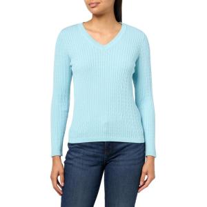 Nautica Women’s Long Sleeve Cable V-Neck Sweater(Porcelain Blue)