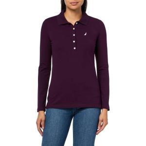 Nautica Women’s Long Sleeve Solid Collared Polo Shirt(Aubergine)