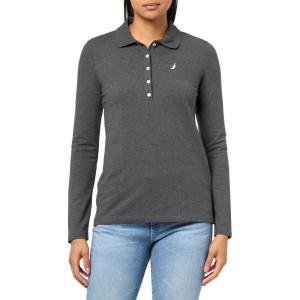 Nautica Women’s Long Sleeve Solid Collared Polo Shirt(Charcoal Heather)