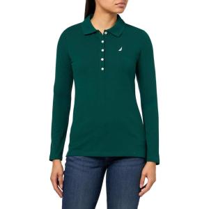 Nautica Women’s Long Sleeve Solid Collared Polo Shirt(Forest)
