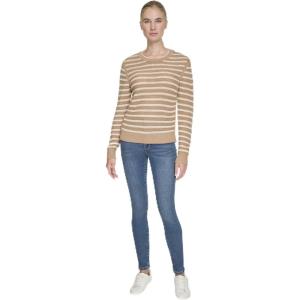 Nautica Women’s Long Sleeve Striped Crewneck Sweater(Camel/White Swan)