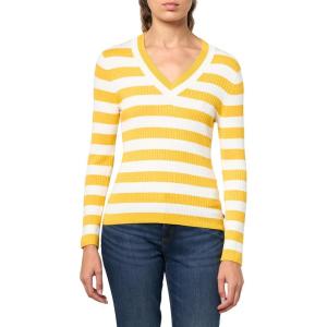 Nautica Women’s Long Sleeve Striped V-neck Ribbed Sweater(Goldenrod/Ivory)
