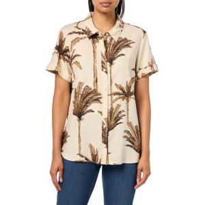 Nautica Women’s Short Sleeve Linen Blend Button Up Collared Camp Shirt(Parchment Multi)