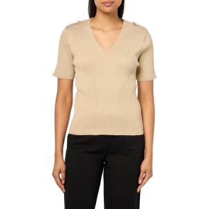 Nautica Women’s Short Sleeve Lurex V-Neck Pullover(Light Heather Fawn With Gold)