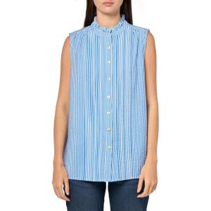Nautica Women’s Sleeveless Pintuck Ruffle Neck Tile Print Striped Shirt(Pacific/Bright White)