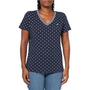 Nautica Women’s Solid V-Neck Short Sleeve T-Shirt(Night Sky/White Bright)