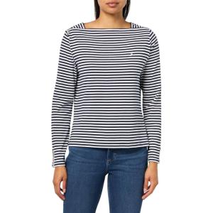 Nautica Women’s Square Neck Stripe Striped Long Sleeve Shirt(Night Sky/ Bright White)
