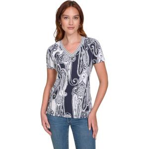 Nautica Womens Stripe V-Neck Short Sleeve T-Shirt(Night Sky/Bright White)