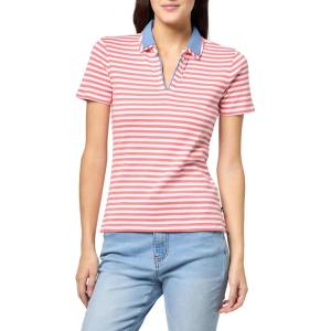 Nautica Women’s Striped Double Collar Knit Sleeve Johnny Collar Polo Shirt(Coralie/Bright White)