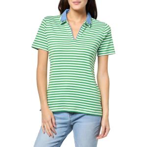 Nautica Women’s Striped Double Collar Knit Sleeve Johnny Collar Polo Shirt(New Leaf/Bright White)